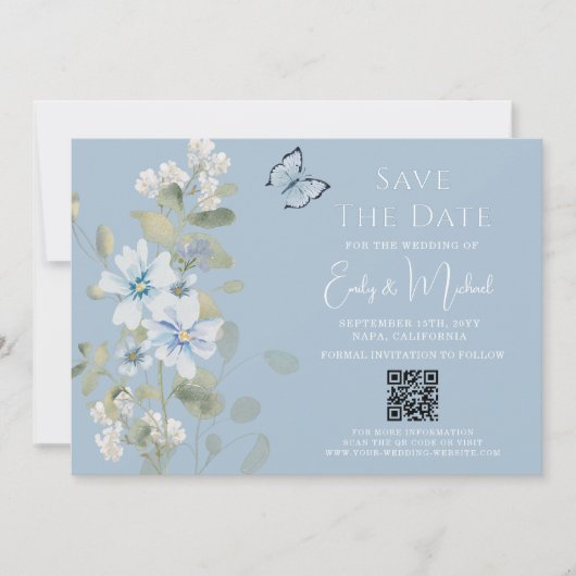 Romantisch Blauw Bloemen Foto QR Code Huwelijk Save The Date (Voorkant)