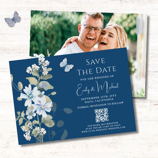 Romantisch Blauw Bloemen Foto QR Code Huwelijk Save The Date