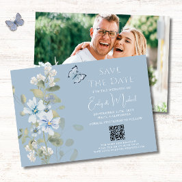 Romantisch Blauw Bloemen Foto QR Code Huwelijk Save The Date