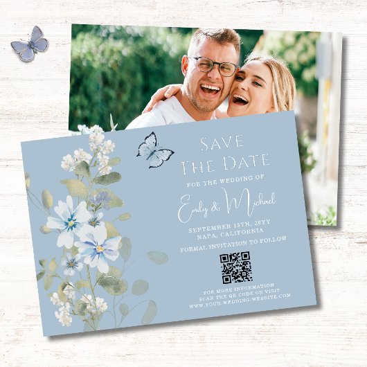 Romantisch Blauw Bloemen Foto QR Code Huwelijk Save The Date