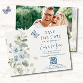 Romantisch Blauw Bloemen Foto QR Code Huwelijk Save The Date