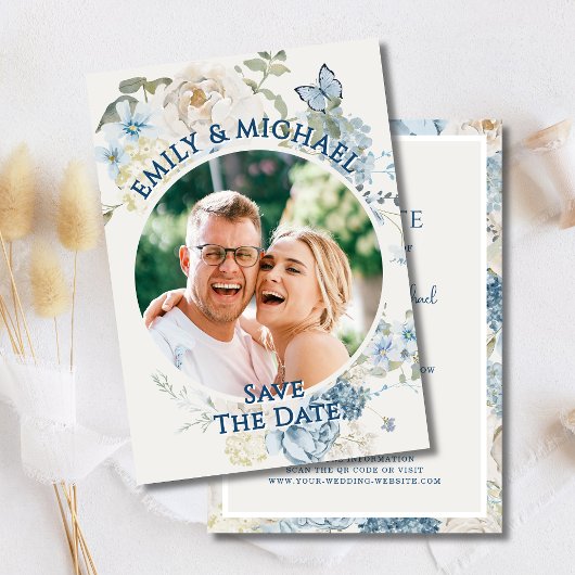 Romantisch Blauw Bloemen Foto QR Code Kaart