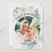 Romantisch Blauw Bloemen Foto QR Code Kaart (Voorkant)