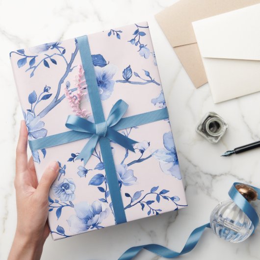 Romantisch Blauw Bloemen Huwelijk Cadeaupapier (Geschenken)