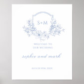 Romantisch Blauw Bloemen Monogram Crest Welkomstbo Poster (Voorkant)