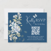 Romantisch Blauw Bloemen RSVP QR Code Foto Huwelij (Voorkant)