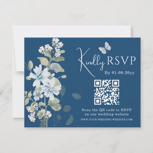 Romantisch Blauw Bloemen RSVP QR Code Foto Huwelij (Voorkant)
