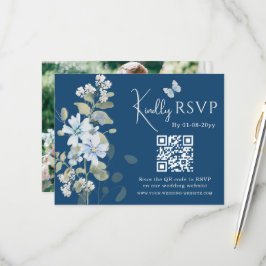 Romantisch Blauw Bloemen RSVP QR Code Foto Huwelij