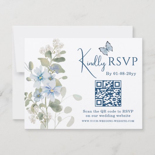 Romantisch Blauw Bloemen RSVP QR Code Foto Huwelij (Voorkant)
