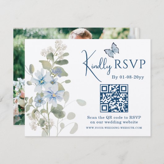 Romantisch Blauw Bloemen RSVP QR Code Foto Huwelij (Voorkant / Achterkant)