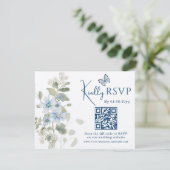 Romantisch Blauw Bloemen RSVP QR Code Foto Huwelij (Staand voorkant)
