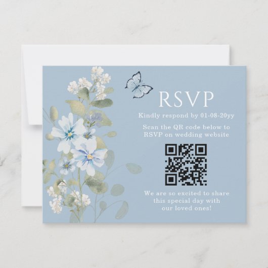 Romantisch Blauw Bloemen RSVP QR Code Foto Huwelij (Voorkant)