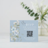 Romantisch Blauw Bloemen RSVP QR Code Foto Huwelij (Staand voorkant)