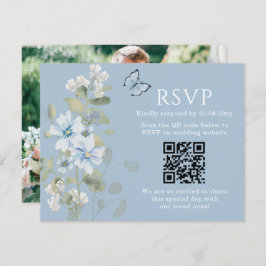 Romantisch Blauw Bloemen RSVP QR Code Foto Huwelij