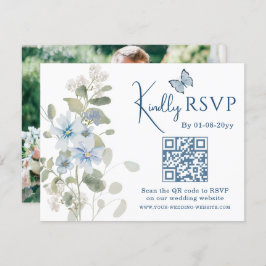Romantisch Blauw Bloemen RSVP QR Code Foto Huwelij