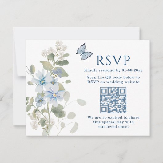 Romantisch Blauw Bloemen RSVP QR Code Foto Huwelij (Voorkant)