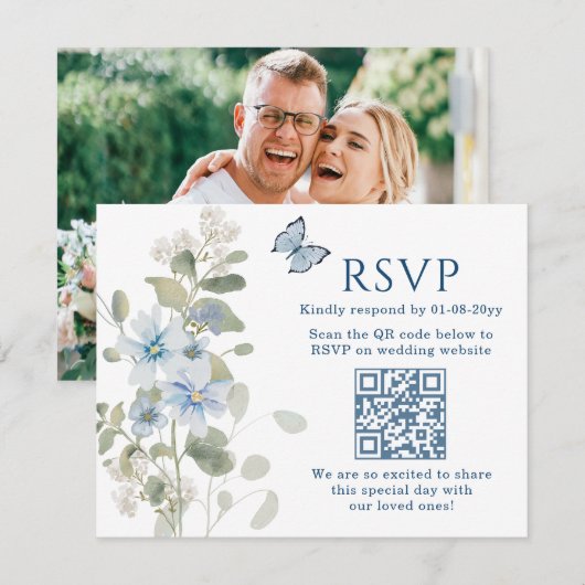 Romantisch Blauw Bloemen RSVP QR Code Foto Huwelij (Voorkant / Achterkant)