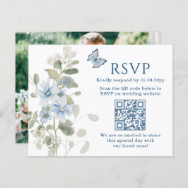 Romantisch Blauw Bloemen RSVP QR Code Foto Huwelij