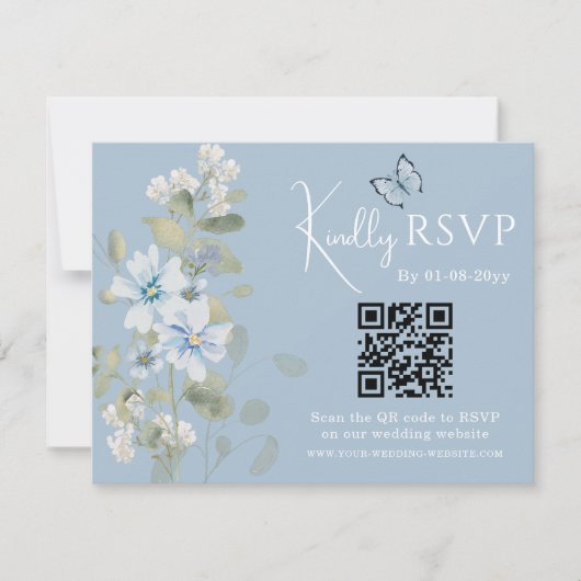 Romantisch Blauw Bloemen RSVP QR Code Foto Huwelij (Voorkant)
