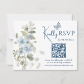 Romantisch Blauw Bloemen RSVP QR Code Foto Huwelij (Voorkant)