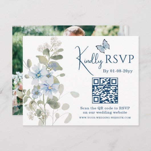 Romantisch Blauw Bloemen RSVP QR Code Foto Huwelij (Voorkant / Achterkant)