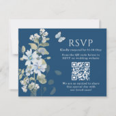 Romantisch Blauw Bloemen RSVP QR Code Foto Huwelij (Voorkant)