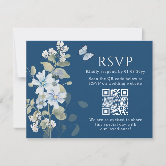 Romantisch Blauw Bloemen RSVP QR Code Foto Huwelij (Voorkant)
