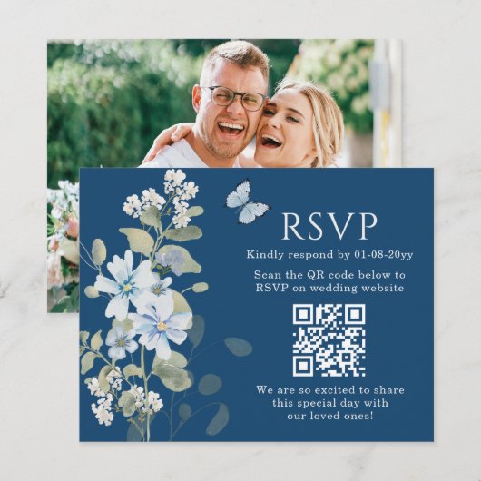 Romantisch Blauw Bloemen RSVP QR Code Foto Huwelij (Voorkant / Achterkant)