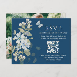 Romantisch Blauw Bloemen RSVP QR Code Foto Huwelij
