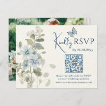 Romantisch Blauw Bloemen RSVP QR Code Foto Huwelij