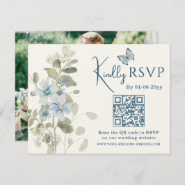 Romantisch Blauw Bloemen RSVP QR Code Foto Huwelij