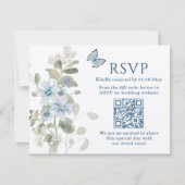 Romantisch Blauw Bloemen RSVP QR Code Foto Huwelij (Voorkant)