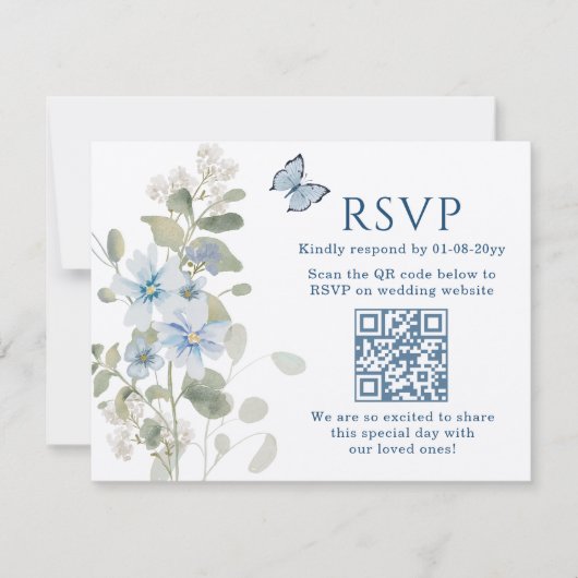 Romantisch Blauw Bloemen RSVP QR Code Foto Huwelij (Voorkant)