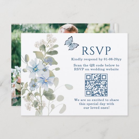 Romantisch Blauw Bloemen RSVP QR Code Foto Huwelij (Voorkant / Achterkant)
