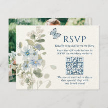 Romantisch Blauw Bloemen RSVP QR Code Foto Huwelij