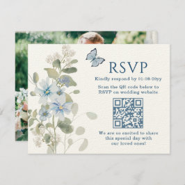 Romantisch Blauw Bloemen RSVP QR Code Foto Huwelij