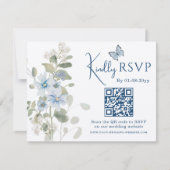 Romantisch Blauw Bloemen RSVP QR Code Foto Huwelij Kaartje (Voorkant)