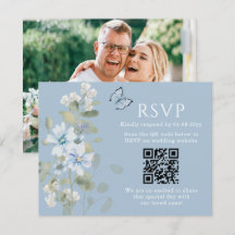 Romantisch Blauw Bloemen RSVP QR Code Foto Huwelij