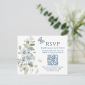 Romantisch Blauw Bloemen RSVP QR Code Foto Huwelij Kaartje (Staand voorkant)