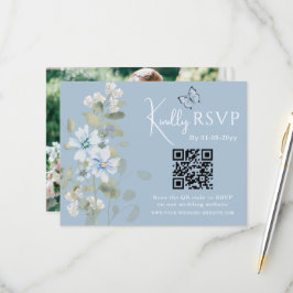 Romantisch Blauw Bloemen RSVP QR Code Foto Huwelij Kaartje