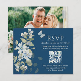 Romantisch Blauw Bloemen RSVP QR Code Foto Huwelij Kaartje