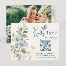 Romantisch Blauw Bloemen RSVP QR Code Foto Huwelij Kaartje