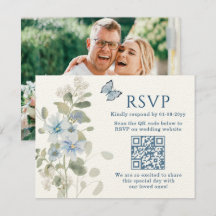 Romantisch Blauw Bloemen RSVP QR Code Foto Huwelij