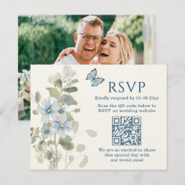 Romantisch Blauw Bloemen RSVP QR Code Foto Huwelij Kaartje