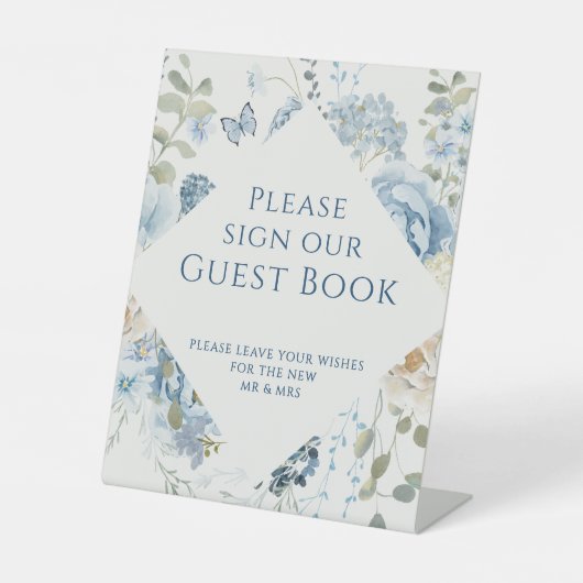 Romantisch Blauw Bloemen Trouwteken Ons gastenboek Reclamebord Met Voetstuk (Voorkant)
