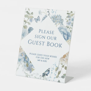Romantisch Blauw Bloemen Trouwteken Ons gastenboek Reclamebord Met Voetstuk