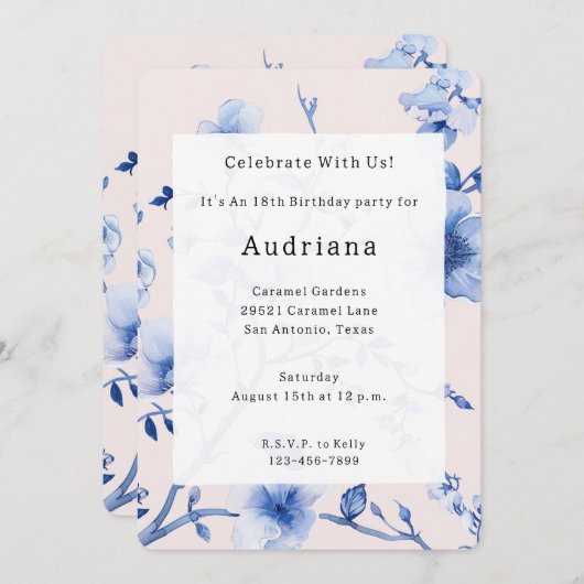 Romantisch Blauw Bloemen Verjaardag Kaart (Voorkant / Achterkant)