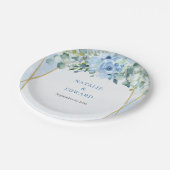 Romantisch blauw bloemeneucalyptus en goud lijst papieren bordje (Gekanteld)