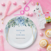 Romantisch blauw bloemeneucalyptus en goud lijst papieren bordje (Feest)