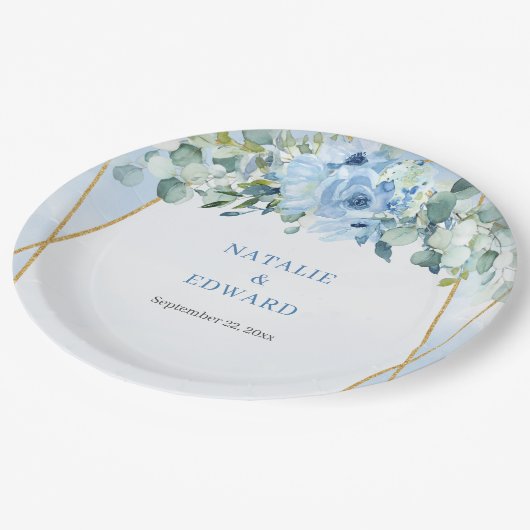 Romantisch blauw bloemeneucalyptus en goud lijst papieren bordje (Gekanteld)